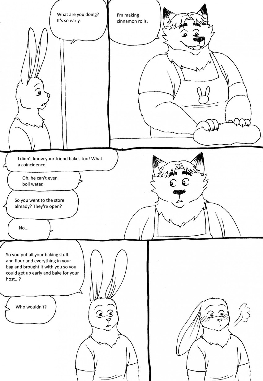 anthro apron base_three_layout biped blush clothing dialogue duo five_frame_image humanoid_hands male overweight overweight_male shirt text three_row_layout topwear bernielover disney zootopia fan_character gideon_grey nate_hopps canid canine fox lagomorph leporid mammal rabbit red_fox true_fox 2023 comic english_text hi_res monochrome