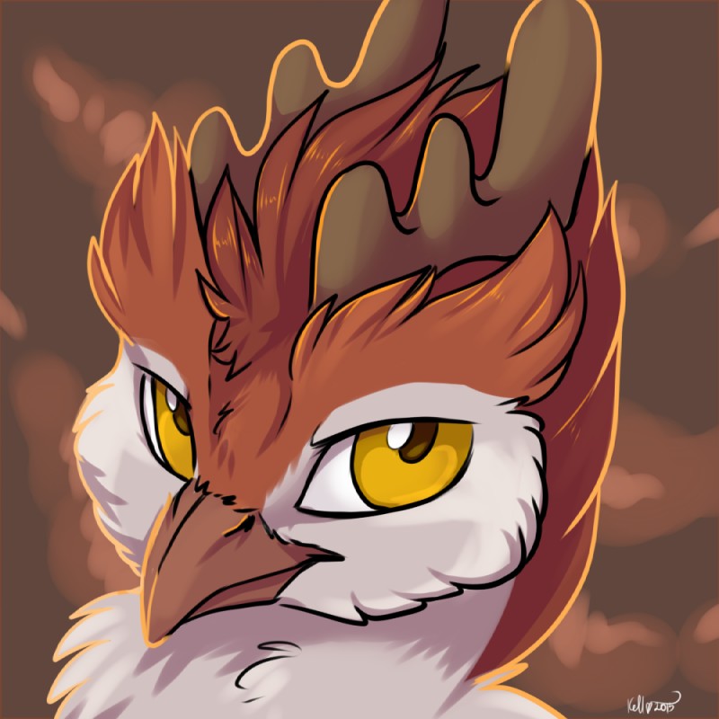 ambiguous_form antlers beak brown_body brown_feathers feathers horn looking_at_viewer male orange_eyes solo white_body white_feathers kellwolfik owlalope_(character) avian bird owl 1:1 2015 digital_media_(artwork) headshot_portrait icon portrait shaded