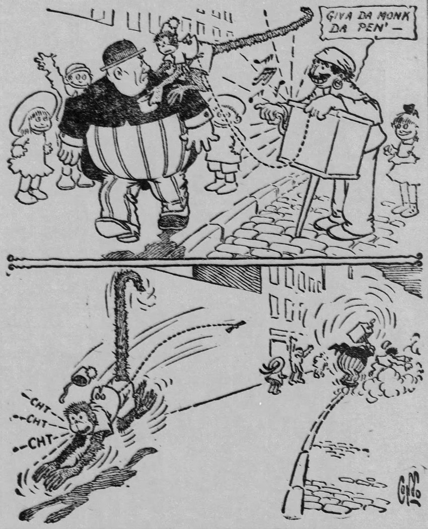 ambiguous_gender clothed clothed_feral clothing dialogue dress facial_hair female feral fez frown fully_clothed fur group hair hat headgear headwear leash male musical_note musical_symbol mustache organ_grinder outside sidewalk smile street symbol text a.d._condo the_outbursts_of_everett_true everett_true haplorhine human mammal monkey primate 1907 20th_century ancient_art black_and_grey comic english_text hi_res monochrome