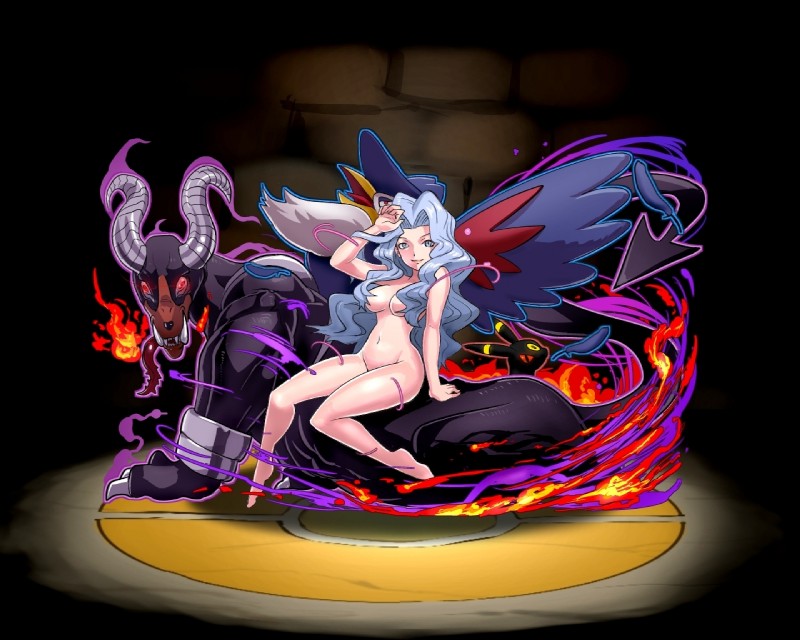 ambiguous_gender black_body black_fur blue_eyes breasts claws detailed_background fangs female feral fire fur grey_hair group hair horn human_focus looking_at_viewer not_furry_focus nude open_mouth red_eyes teeth tongue tongue_out cosmo_(artist) nintendo pokemon puzzle_and_dragons karen_(pokemon) avian bird canid canine corvid eeveelution generation_2_pokemon generation_4_pokemon honchkrow houndoom human mammal oscine passerine pokemon_(species) umbreon 5:4