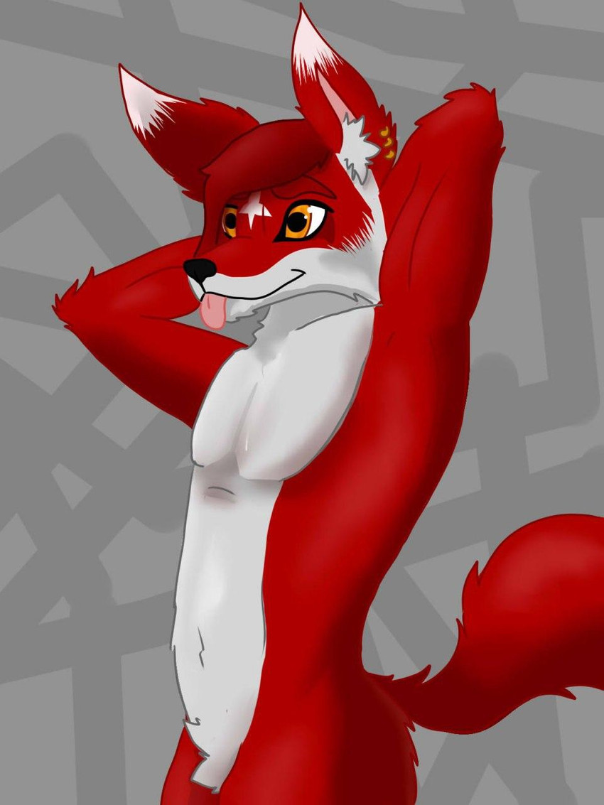 abstract_background anthro featureless_crotch fur male orange_eyes red_body red_fur solo tongue tongue_out kolpom frexy_(character) canid canine fox mammal 3:4 compression_artifacts hi_res