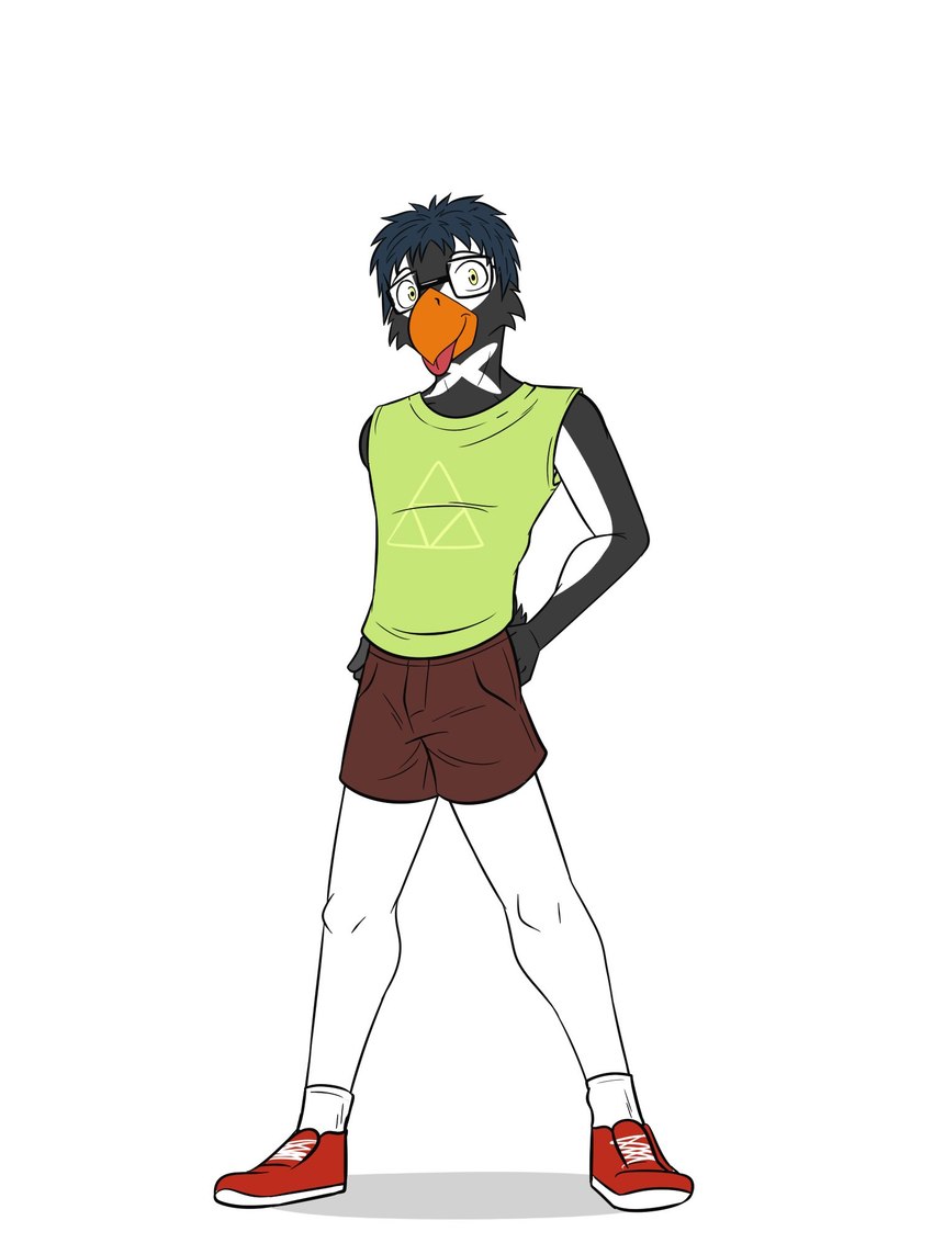 anthro bottomwear clothed clothing eyewear footwear fully_clothed glasses male shirt shoes shorts simple_background socks solo tank_top tongue tongue_out topwear triforce_clothing white_background fuze eddy_(eddy_bird32) avian bird gentoo_penguin penguin 3:4 full-length_portrait hi_res portrait