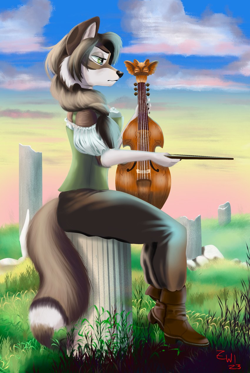 anthro black_nose bodily_fluids boots bottomwear bow_accessory bowed_string_instrument braided_hair braided_ponytail brown_body brown_fur claws clothing cloud crying detailed_background dipstick_tail female footwear fur grass grass_field green_eyes hair half-closed_eyes marble markings medieval medieval_clothing musical_instrument narrowed_eyes pants pillar plant playing_music ponytail ruins sad shoes solo string_instrument tail tail_markings tears viola_(musical_instrument) violin violin_bow white_body white_fur zephyriwolf bianca_moonsong_(azeiron) canid canine canis mammal wolf absurd_res hi_res