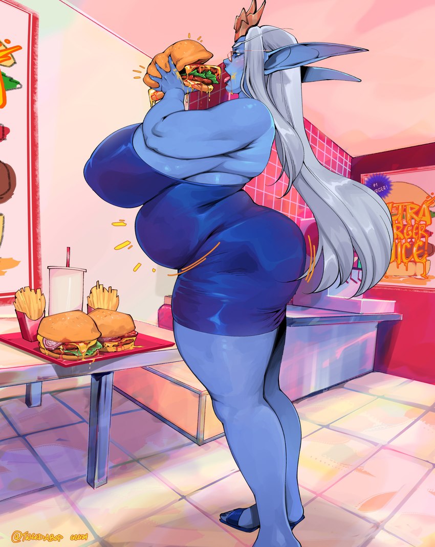 back_rolls belly big_breasts big_butt blue_body breasts burger butt eating fast_food fat_rolls female food fries hair huge_breasts humanoid_pointy_ears long_ears long_hair nipple_outline overweight overweight_female overweight_humanoid side_boob side_view silver_hair solo stuffing tweedabop blizzard_entertainment warcraft elf humanoid nightborne absurd_res hi_res