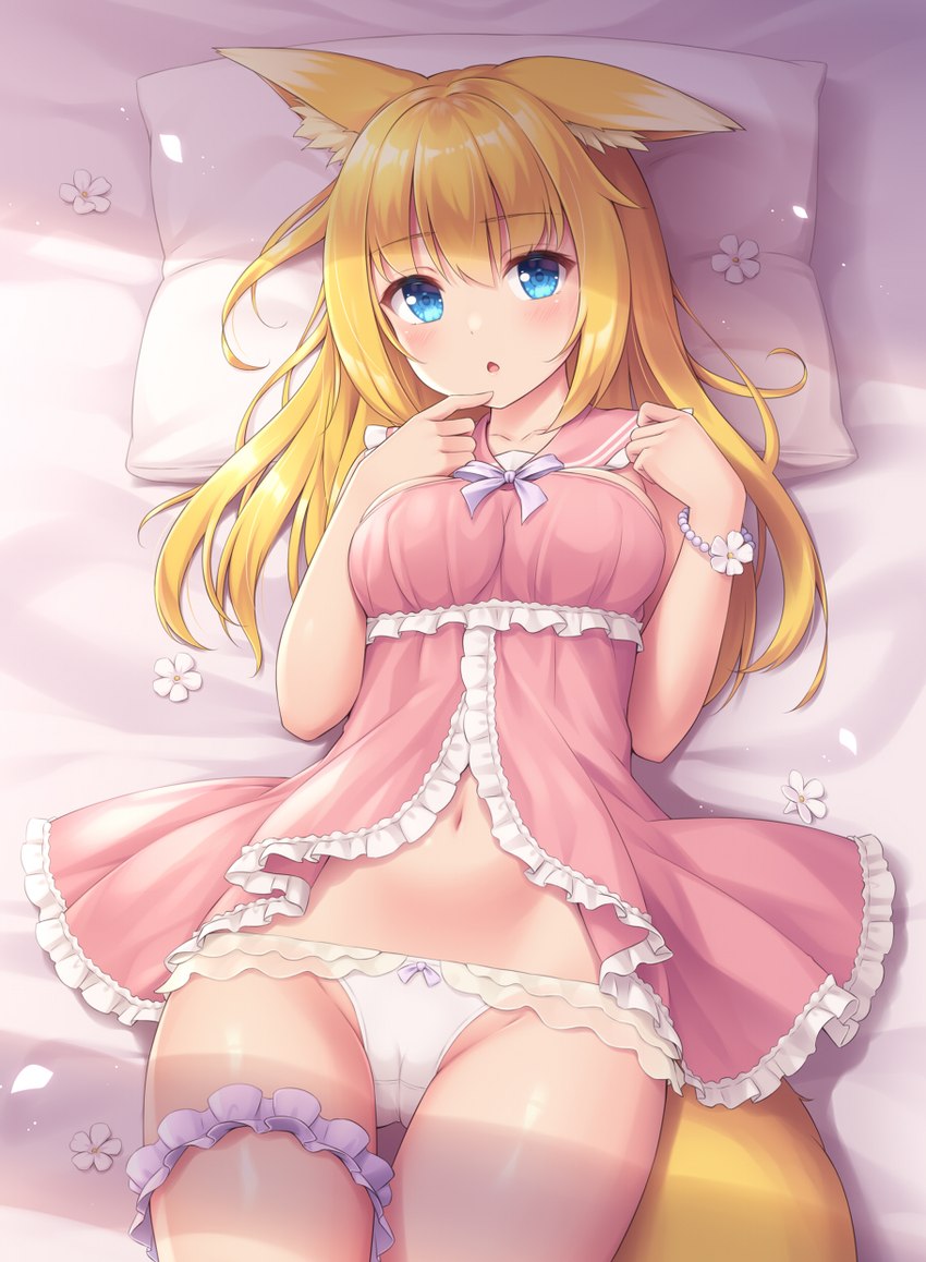 accessory blonde_hair blue_eyes bracelet breasts camel_toe clothing female garter hair jewelry lying navel nightgown on_back panties pillow pink_clothing pink_nightgown solo underwear sand-rain animal_humanoid canid canid_humanoid canine canine_humanoid fox_humanoid humanoid mammal mammal_humanoid 2021 hi_res