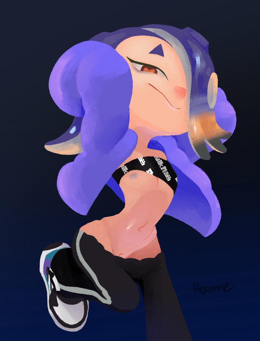 bandeau bottomwear bottomwear_down breasts clothed clothing female flat_chested genitals hair hair_over_eye hands_behind_head nipples one_breast_out pants pants_down partially_clothed pseudo_hair pussy pussy_peek solo tentacle_hair tentacles topwear hexanne nintendo splatoon shiver_(splatoon) animal_humanoid cephalopod cephalopod_humanoid humanoid marine marine_humanoid mollusk mollusk_humanoid octarian octoling 2024 absurd_res hi_res