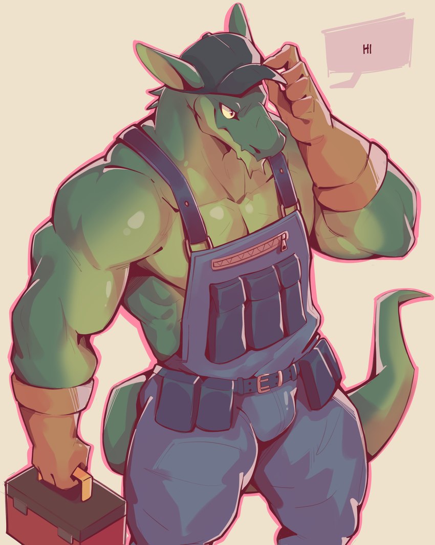 anthro clothed clothing gloves green_body green_scales handwear hat headgear headwear male muscular muscular_anthro muscular_male overalls pecs plumber scales solo tail toolbox wolfanine mythology dragon mythological_creature mythological_scalie scalie 4:5 absurd_res hi_res