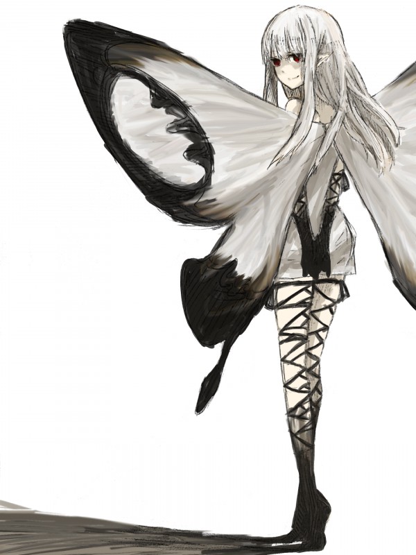 female hair looking_at_viewer looking_back not_furry red_eyes simple_background solo white_hair mikomiya bravely_default bravely_default:_flying_fairy bravely_default_(series) silicon_studio aerie_(bravely_default) airy_(bravely_default) fairy 3:4 absurd_res hi_res