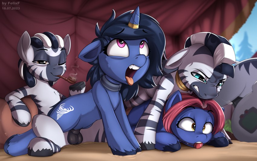 ahegao ball_gag balls black_hair black_mane blue_body blue_eyes blue_fur cutie_mark dominant eyebrows female female_penetrated feral feral_on_feral feral_penetrated feral_penetrating feral_penetrating_feral fetlocks fur gag genitals grey_body grey_fur grey_markings grey_stripes group group_sex hair hooves horn horn_jewelry horn_ring interspecies interspecies_domination jewelry looking_pleasured male male/female male_penetrating male_penetrating_female mane markings mohawk multicolored_hair multicolored_mane necklace penetration penis pink_eyes raceplay ring ring_(jewelry) sex smoking smoking_pipe striped_body striped_fur stripes teeth tongue tongue_out two_tone_hair two_tone_mane white_hair white_mane yellow_eyes felixf fallout_equestria hasbro my_little_pony mythology fan_character heat_sink_(oc) kizya_(oc) littlepip procelle earth_pony equid equine horse mammal mythological_creature mythological_equine pony unicorn zebra 2023 absurd_res dated digital_media_(artwork) hi_res