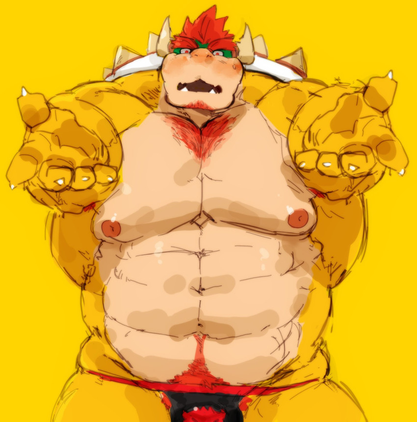 2_horns abs anthro armpit_hair barazoku beard big_muscles blush body_hair bowser_logo bowser_logo_jockstrap bowser_logo_underwear chest_hair clothing eyebrows facial_hair gesture hair happy_trail horn jockstrap looking_at_viewer male muscular muscular_anthro muscular_male navel nipples non-mammal_nipples open_mouth pecs pubes red_hair shell simple_background solo spiked_shell spikes spikes_(anatomy) thick_eyebrows underwear yellow_background yellow_body tora_gy mario_bros nintendo pogchamp ugh_fine_i_guess_you_are_my_little_pogchamp bowser koopa scalie 2020 hi_res meme