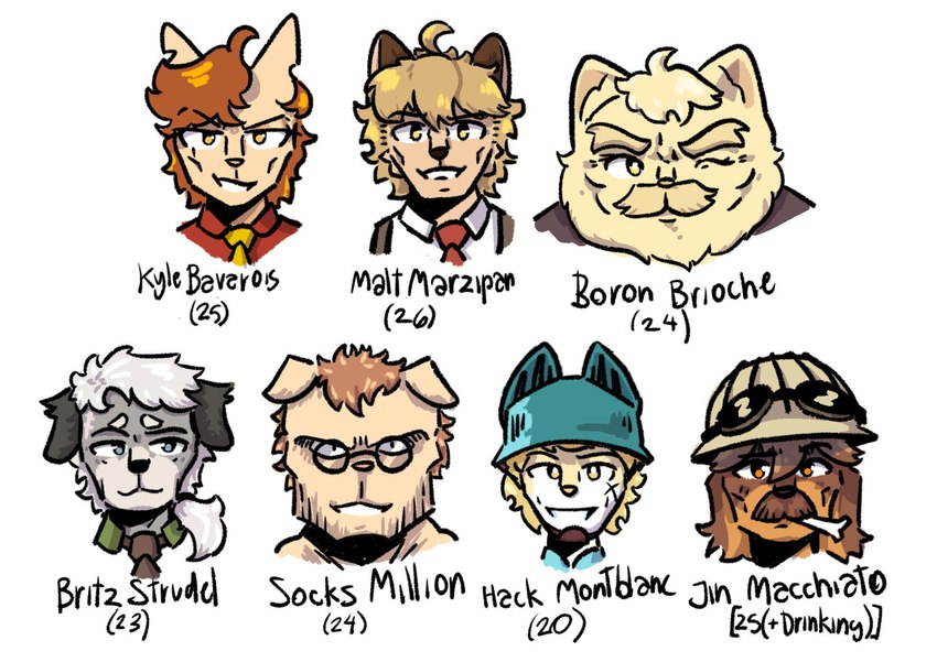 aged_up anthro blonde_hair brown_body brown_fur clothing eyebrows eyewear facial_hair floppy_ears fur glasses goggles grey_body grey_fur grin group hair hat headgear headwear humor male mustache one_eye_closed scar smile text thick_eyebrows white_hair wink realmaltfuga cyberconnect2 fuga:_melodies_of_steel little_tail_bronx boron_brioche britz_strudel hack_montblanc jin_macchiato kyle_bavarois malt_marzipan socks_million abyssinian_cat basset_hound canid canine caninu canis chartreux dobermann domestic_cat domestic_dog felid feline felineko felis german_shepherd herding_dog hunting_dog mammal pastoral_dog pinscher scent_hound terrier welsh_corgi 2025 english_text hi_res