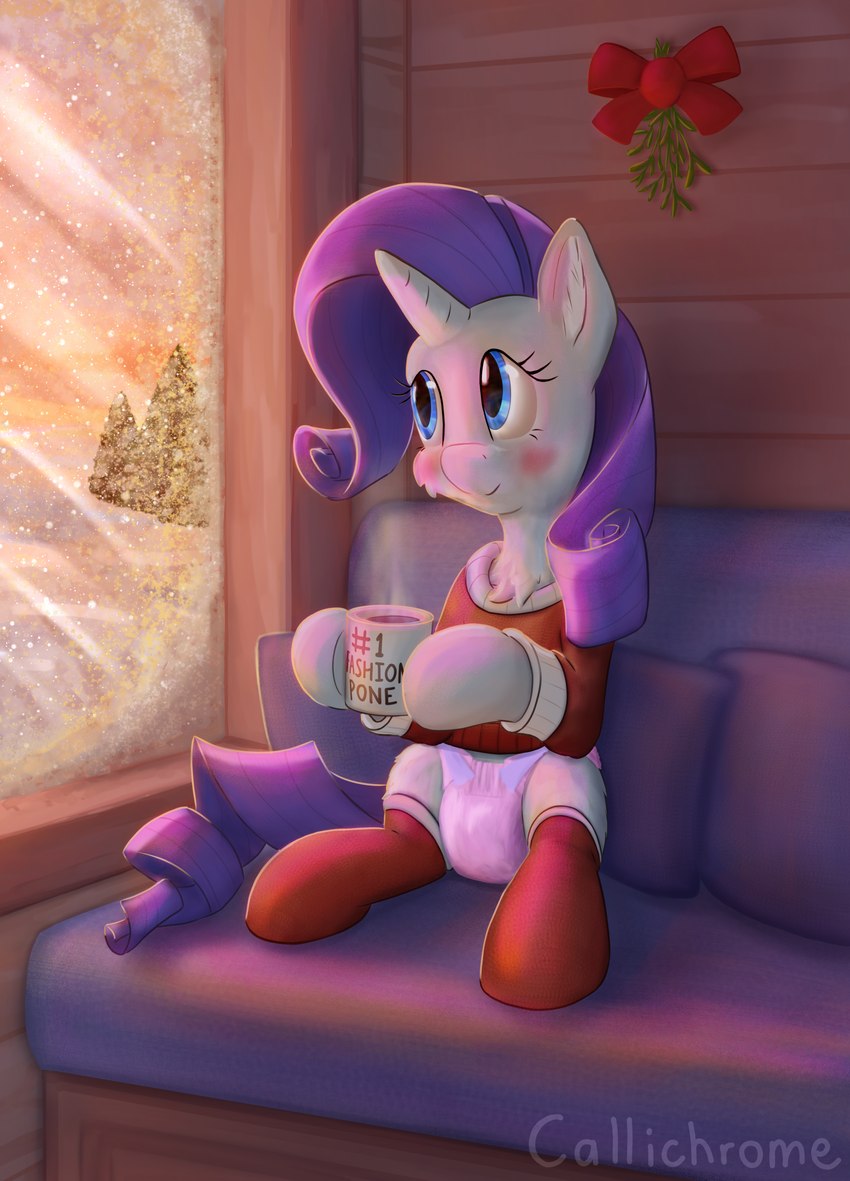 beverage blush candy chocolate christmas_clothing clothed clothing cozy dessert diaper diaper_fetish female feral food holidays horn hot_chocolate legwear snow solo stockings sunset wearing_diaper callichrome christmas friendship_is_magic hasbro my_little_pony mythology rarity_(mlp) equid equine mammal mythological_creature mythological_equine unicorn absurd_res hi_res