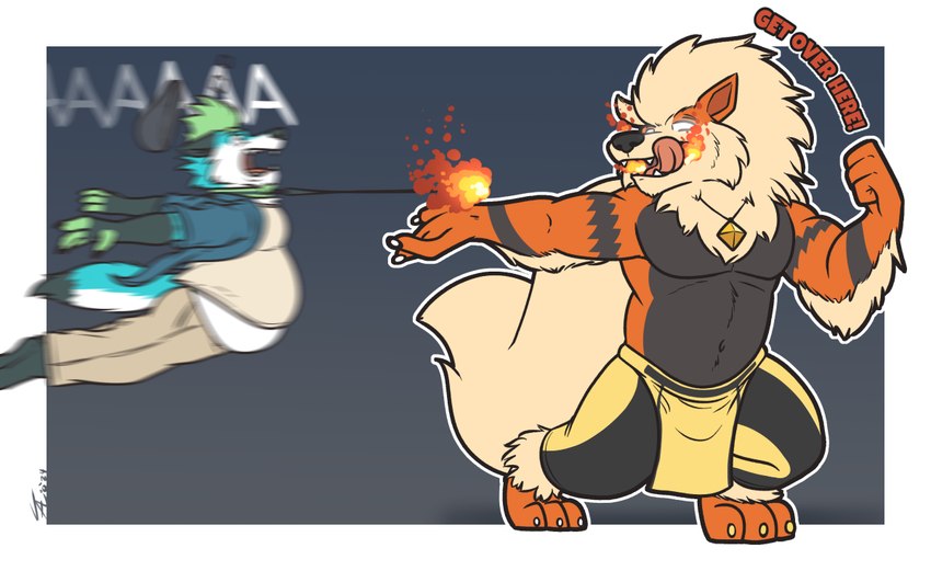 anthro clothing duo imminent_vore jewelry male male/male necklace text tongue tribal tribal_clothing white_eyes white_glow tanio nintendo pokemon tanio_(character) arcanine generation_1_pokemon pokemon_(species) 2024 english_text