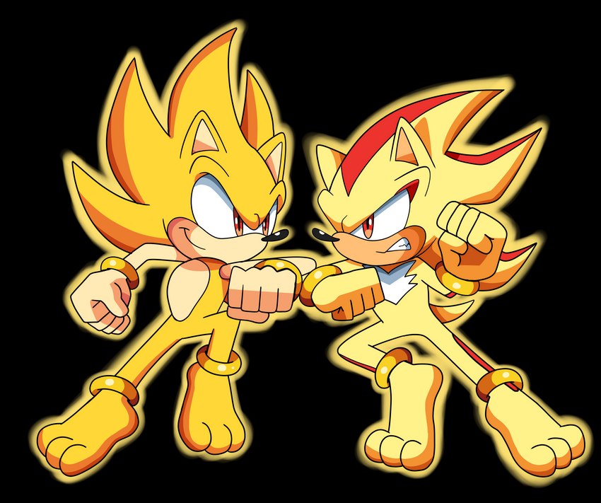 anthro bare_hands barefoot battle duo feet fight male ring_(sonic) super_form domestic_maid sega sonic_the_hedgehog_(series) shadow_the_hedgehog sonic_the_hedgehog super_shadow super_sonic eulipotyphlan hedgehog mammal absurd_res alpha_channel hi_res