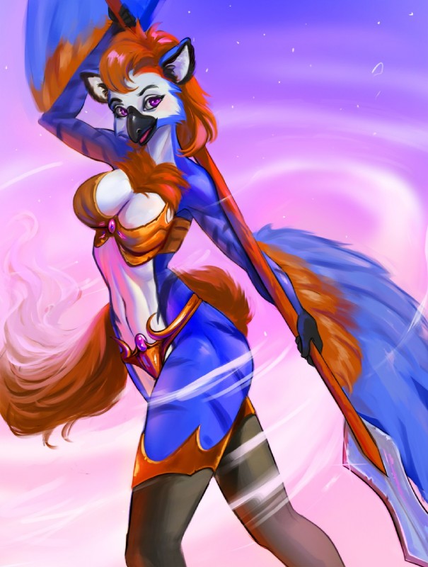 anthro beak biped breasts female hair holding_object holding_weapon looking_at_viewer navel non-mammal_breasts purple_eyes solo standing weapon yoke_pose sleepyhelen kairos avian 2019 digital_media_(artwork) digital_painting_(artwork) hi_res painting_(artwork) portrait three-quarter_portrait