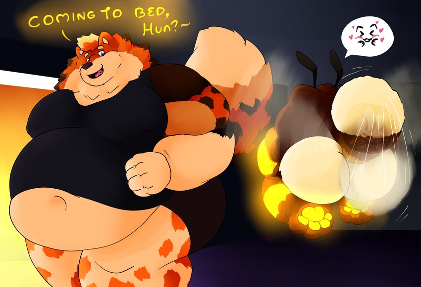 antennae_(anatomy) anthro barazoku belly blush butt clothed clothing countershading doorway duo flirting flustered fluttering fur glowing glowing_paws glowing_text hair hyper larger_male male male/male micro night nude obese obese_male overweight overweight_anthro overweight_male paws simple_background size_difference text wings yellow_body fujiyama_samoyed_(artist) bumble_beans(fujiyamasamoyed) nano_byte(nanogamer31) arthropod bee bumble_bee_(species) canid canine canis domestic_dog fox hybrid hyena hymenopteran insect mammal maned_wolf raccoon_dog tanuki himbo digital_media_(artwork) hi_res shaded soft_shading watermark