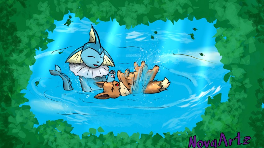 floating swimming novaarts nintendo pokemon eevee eeveelution generation_1_pokemon pokemon_(species) vaporeon 16:9 digital_drawing_(artwork) digital_media_(artwork) hi_res widescreen mother_(lore) mother_and_child_(lore) parent_(lore) parent_and_child_(lore)