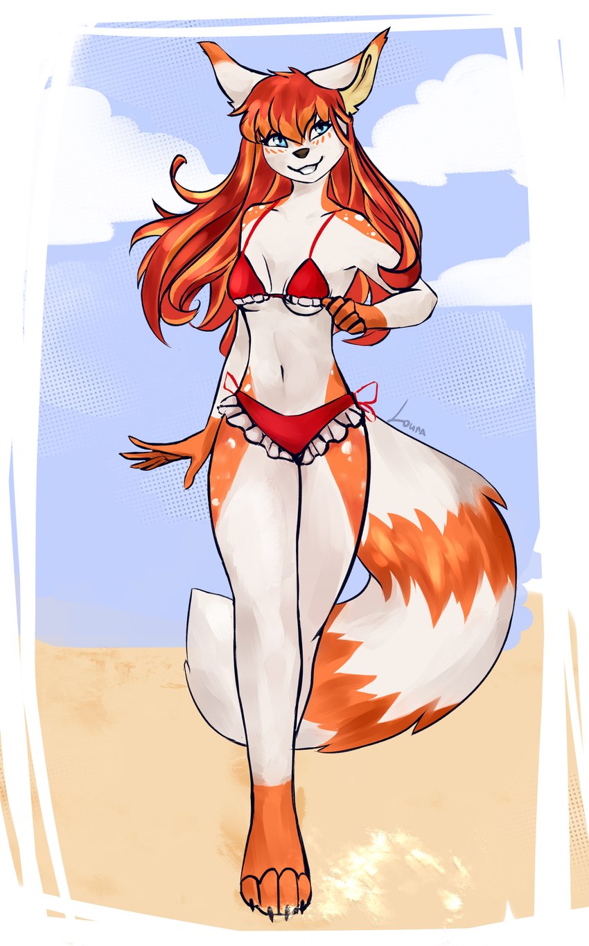 4_toes 5_fingers anthro bikini black_nose blue_eyes breasts clothing feet female fingers fur hair inner_ear_fluff navel orange_body orange_fur orange_hair red_hair simple_background solo swimwear teeth toes tuft two-piece_swimsuit louraa sami_(red_panda) ailurid mammal red_panda absurd_res hi_res