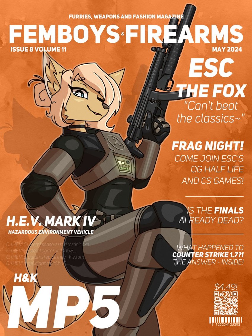 anthro armor clothed clothing femboy fictional_magazine_cover gun hair hev_suit holding_gun holding_object holding_ranged_weapon holding_submachine_gun holding_weapon inner_ear_fluff looking_at_viewer machine mp5 pink_hair pose power_armor ranged_weapon smile smiling_at_viewer solo submachine_gun text trigger_discipline tuft weapon marcus_gray half-life heckler_and_koch valve esc_the_fox canid canine fox mammal 2024 3:4 cover digital_media_(artwork) english_text hi_res magazine_cover male_(lore)