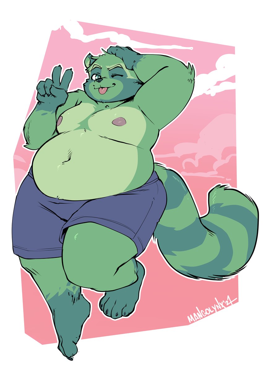 anthro belly bottomwear clothing fur green_body green_fur humanoid_hands male moobs navel nipples one_eye_closed overweight overweight_anthro overweight_male shorts solo tongue tongue_out wink mangolynx fred_(fredrick_brennan) mammal procyonid raccoon 2021 absurd_res hi_res