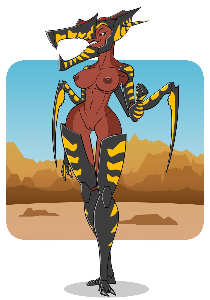 2_toes 3_fingers 6_limbs anthro black_body black_exoskeleton breasts claws countershade_face countershade_neck countershade_torso countershading dark_sclera desert exoskeleton feet female fingers fist genitals long_limbs looking_at_viewer mandibles markings nipples plantigrade pussy red_body red_markings red_skin sharp_teeth simple_background slim smile solo standing stripes teeth toes white_background white_eyes yellow_body yellow_exoskeleton yellow_stripes penny_prickles starship_troopers zikka_arakni extraterrestrial pseudo_arachnid warrior_bug absurd_res hi_res