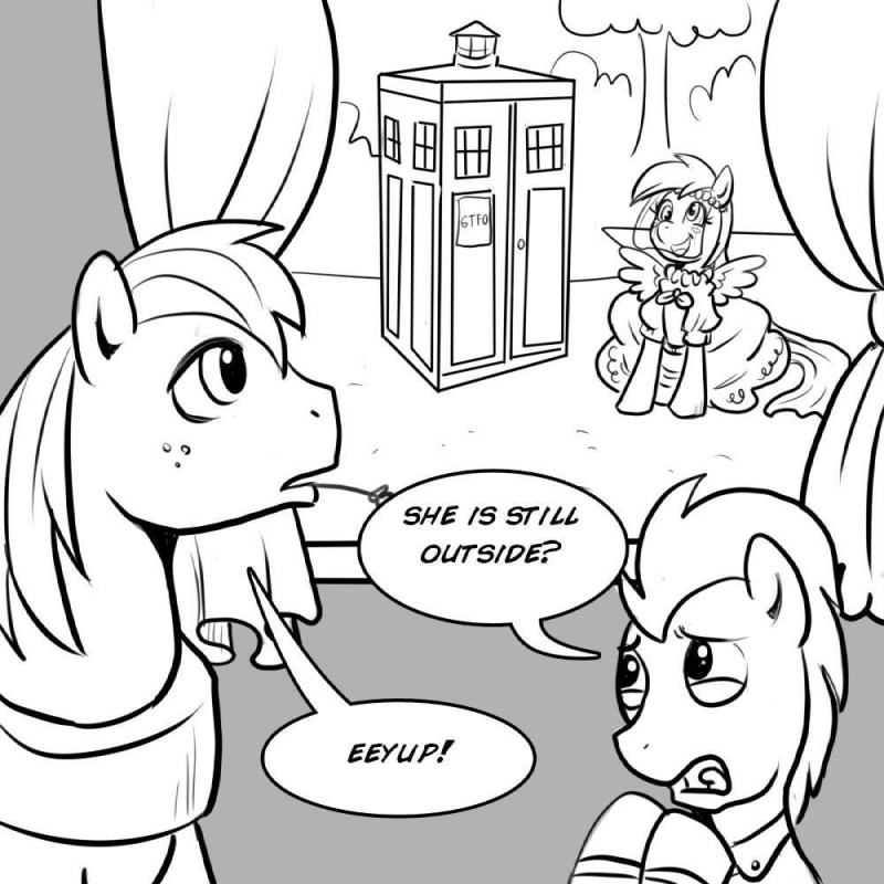 clothing curtains derp_eyes dialogue dress feathered_wings feathers female feral freckles group male object_in_mouth open_mouth police_box stalking tardis text wedding_dress window wings madmax british_broadcasting_corporation doctor_who friendship_is_magic hasbro my_little_pony mythology big_macintosh_(mlp) derpy_hooves_(mlp) doctor_whooves_(mlp) earth_pony equid equine horse mammal mythological_creature mythological_equine pegasus pony 1:1 black_and_white english_text monochrome