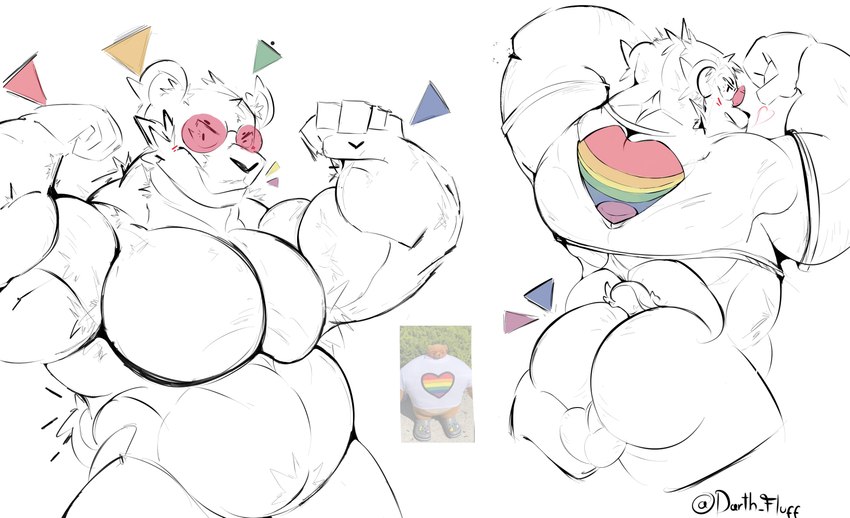 anthro balls belly biceps butt clothing eyewear flexing flexing_bicep genitals glasses heart_symbol lgbt_pride male multicolored_clothing multicolored_shirt multicolored_t-shirt multicolored_topwear musclegut muscular pecs pink_eyewear pink_glasses pride_color_clothing pride_color_shirt pride_color_t-shirt pride_color_topwear pride_colors pride_heart rainbow_pride_colors shirt simple_background six-stripe_rainbow_pride_colors smile smiling_at_viewer solo t-shirt topwear fluffos bear mammal ursine absurd_res hi_res sketch