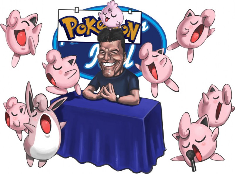 black_clothing brown_eyes caricature clock cloth clothing electronics group male microphone pink_body simple_background singing smile watch white_background wristwatch bittenhard american_idol nintendo pokemon simon_cowell generation_1_pokemon generation_2_pokemon human igglybuff jigglypuff lagomorph mammal pokemon_(species) waddling_head wigglytuff