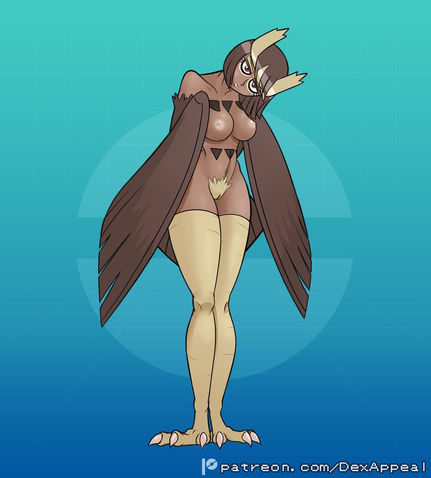 avian_feet breasts brown_body brown_hair claws dark_body dark_skin eyeliner feathered_wings feathers feet female genitals hair head_tilt looking_at_viewer makeup monster_girl_(genre) nipples nude pubes pussy simple_background solo standing tail tail_feathers talons tan_nipples toes wings wings_folded dex_appeal european_mythology greek_mythology mythology nintendo pokemon animal_humanoid avian avian_humanoid bird bird_humanoid generation_2_pokemon harpy humanoid mythological_avian mythological_creature noctowl owl_humanoid pokemon_(species) hi_res