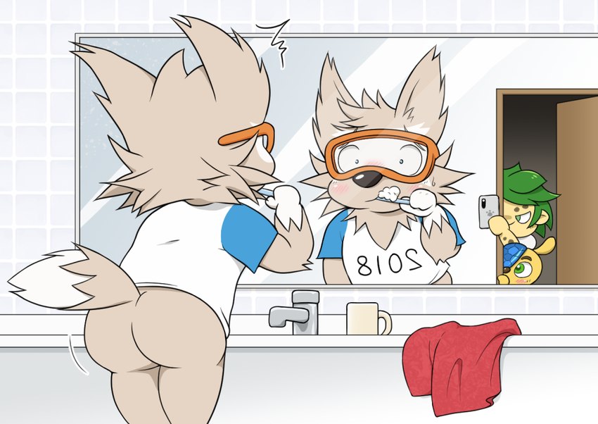 anthro brush brushing brushing_teeth butt electronics embarrassed eyewear goggles male mascot phone taking_picture young young_anthro young_male inuwanko fifa fuleco zabivaka zakumi canid canine canis mammal wolf