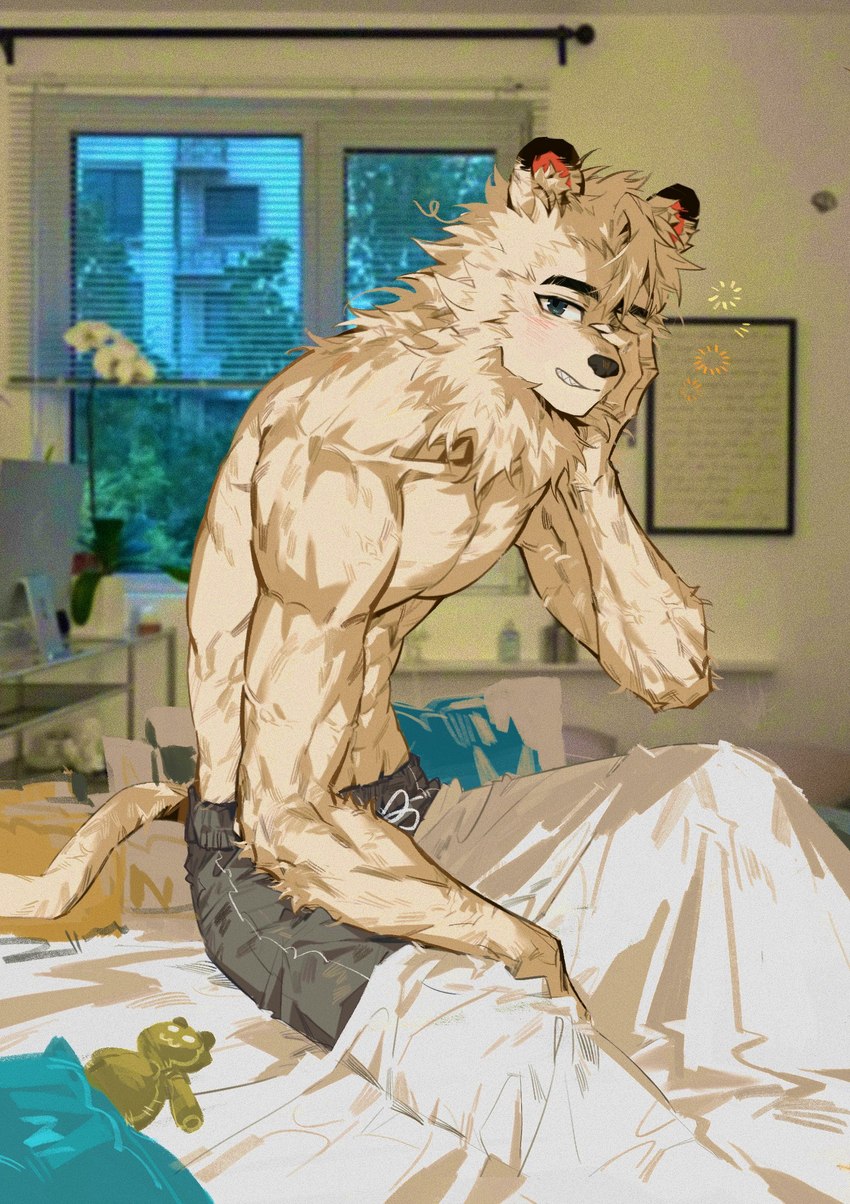 anthro bed bedding blanket bottomwear clothing fur furniture hair looking_at_viewer male mane mascot on_bed one_eye_closed pants photo_background sitting solo tail white_body white_fur haru41113 nippon_professional_baseball saitama_seibu_lions leo_(saitama_seibu_lions) felid human lion mammal pantherine 2024 color_contrast hi_res photography_(artwork)