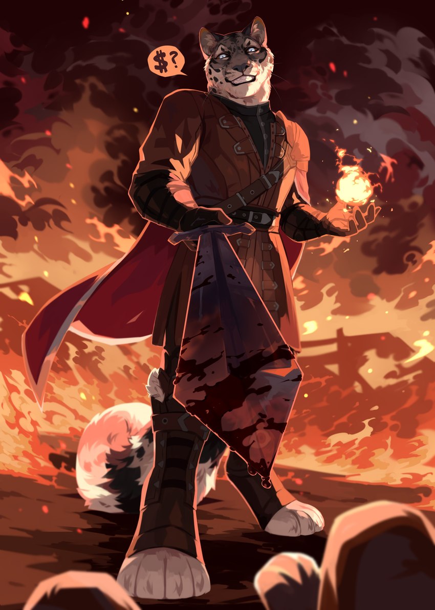 ambiguous_gender ambiguous_pov anthro black_spots blood blue_eyes bodily_fluids brown_clothing cape clothed clothing duo facial_spots fire first_person_view front_view fur grey_body grey_fur grin holding_melee_weapon holding_object holding_sword holding_weapon looking_at_viewer magic_user male melee_weapon red_cape red_clothing smile solo_focus speech_bubble spots spotted_face spotted_neck sword teeth weapon whiskers white_body white_fur corzh77 felid mammal absurd_res hi_res