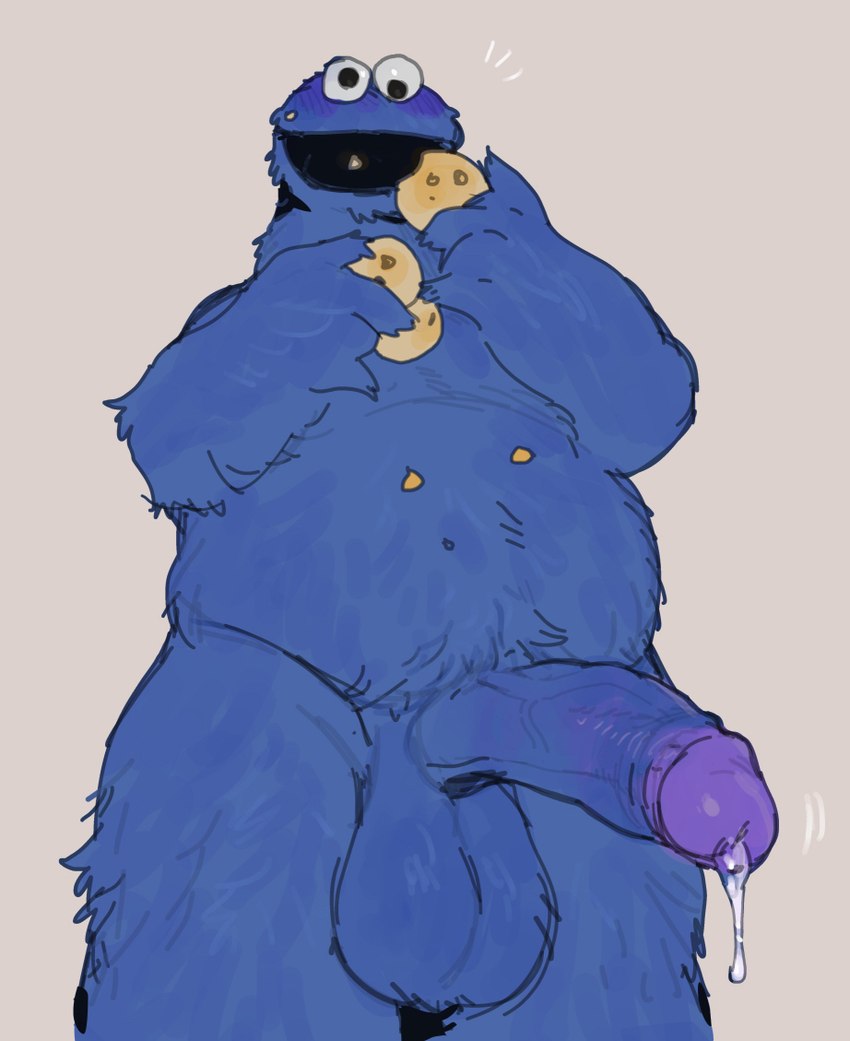 balls big_penis blue_body blue_fur bodily_fluids cookie dripping eating food foreskin fur genital_fluids genitals glans male nude penis precum precum_drip solo bebebebebe muppets pbs sesame_street cookie_monster humanoid monster muppet