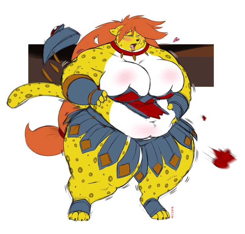 anthro armor belly big_belly big_breasts big_muscles breasts clothed clothing female hair muscular obese obese_female open_mouth orange_hair overweight overweight_female solo torn_clothing yellow_body gillpanda felid jaguar mammal pantherine 2011 artist_name digital_media_(artwork)