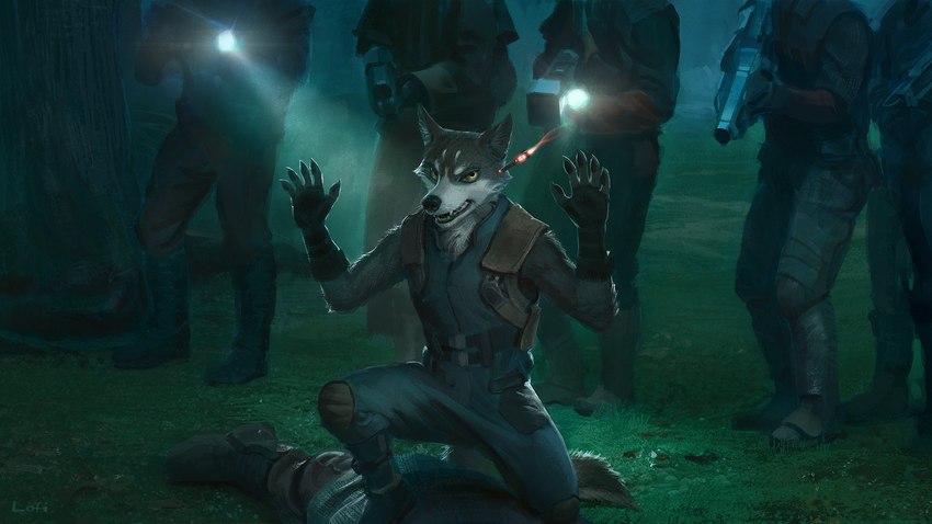 5_fingers anthro black_nose clothed clothing fangs fingers footwear fully_clothed group gun ranged_weapon shoes teeth weapon whiskers yellow_eyes lofi guardians_of_the_galaxy marvel canid canine canis mammal wolf 16:9 2019 digital_media_(artwork) hi_res widescreen