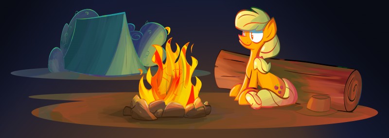 blonde_hair camp campsite clothing cowboy_hat cutie_mark female feral fire glowing hair hat headgear headwear log plant rock shrub sitting solo tent wood foxy-noxy friendship_is_magic hasbro my_little_pony applejack_(mlp) earth_pony equid equine horse mammal pony 2014 absurd_res hi_res