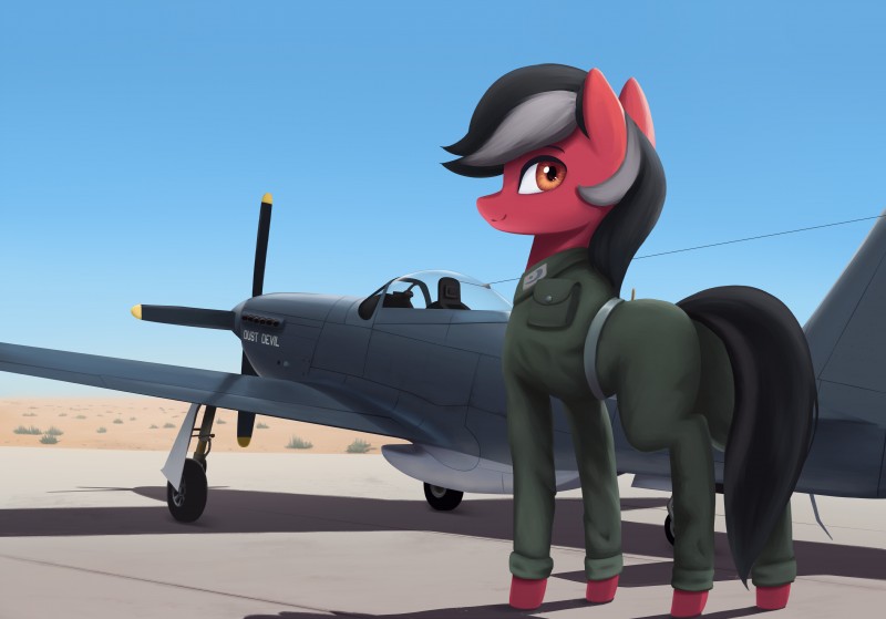 aircraft airplane brown_hair clothed clothing day detailed_background female feral hair hooves machine sky smile solo vehicle rodrigues404 hasbro my_little_pony p-51 dustbowl_dune fan_character equid equine horse mammal p-51_mustang pony absurd_res hi_res