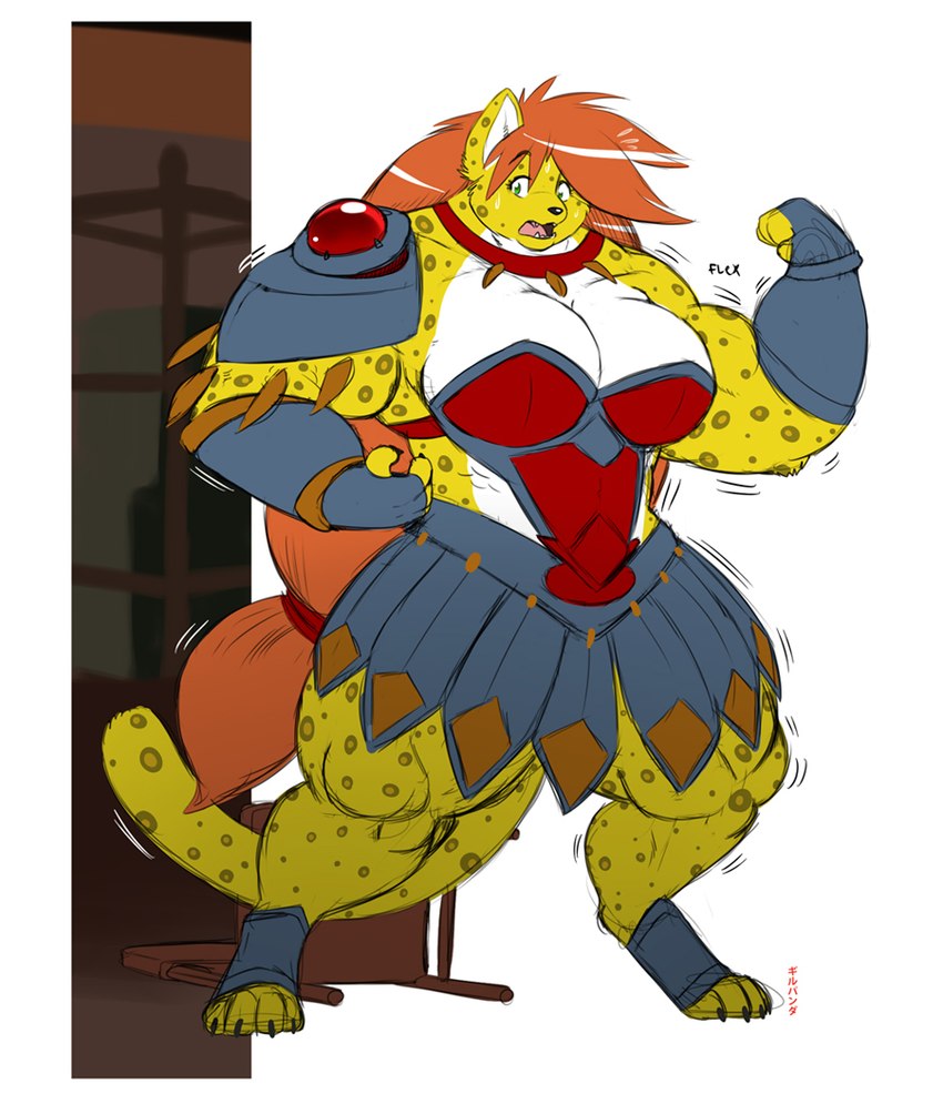 anthro armor biceps big_breasts big_muscles breasts clothed clothing female hair muscular orange_hair solo yellow_body gillpanda felid jaguar mammal pantherine 2011 artist_name digital_media_(artwork)