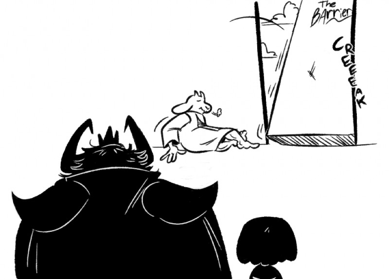 anthro barrier breath female group horn male proud silhouette phillip-banks undertale undertale_(series) asgore_dreemurr frisk_(undertale) toriel boss_monster_(undertale) bovid caprine human mammal 2015 black_and_white digital_drawing_(artwork) digital_media_(artwork) monochrome