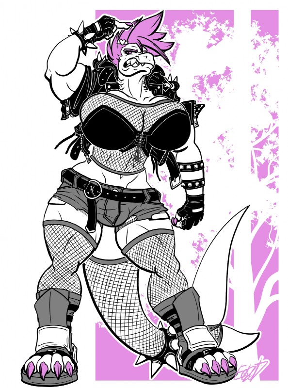 anthro big_breasts breasts bulge clothed clothing curvy_figure fingerless_gloves fishnet_clothing gloves gynomorph handwear intersex muscular muscular_anthro muscular_gynomorph muscular_intersex non-mammal_breasts solo standing thick_thighs voluptuous wide_hips eda vishka fish marine shark hi_res