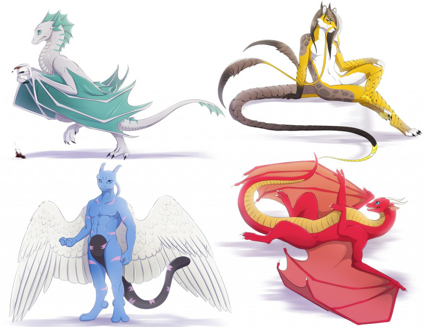 claws feathered_wings feathers female feral group horn male membrane_(anatomy) membranous_wings scales spines tail white_body white_feathers wings silvyr european_mythology mythology dragon mythological_creature mythological_scalie scalie western_dragon wyvern 2020 digital_media_(artwork)