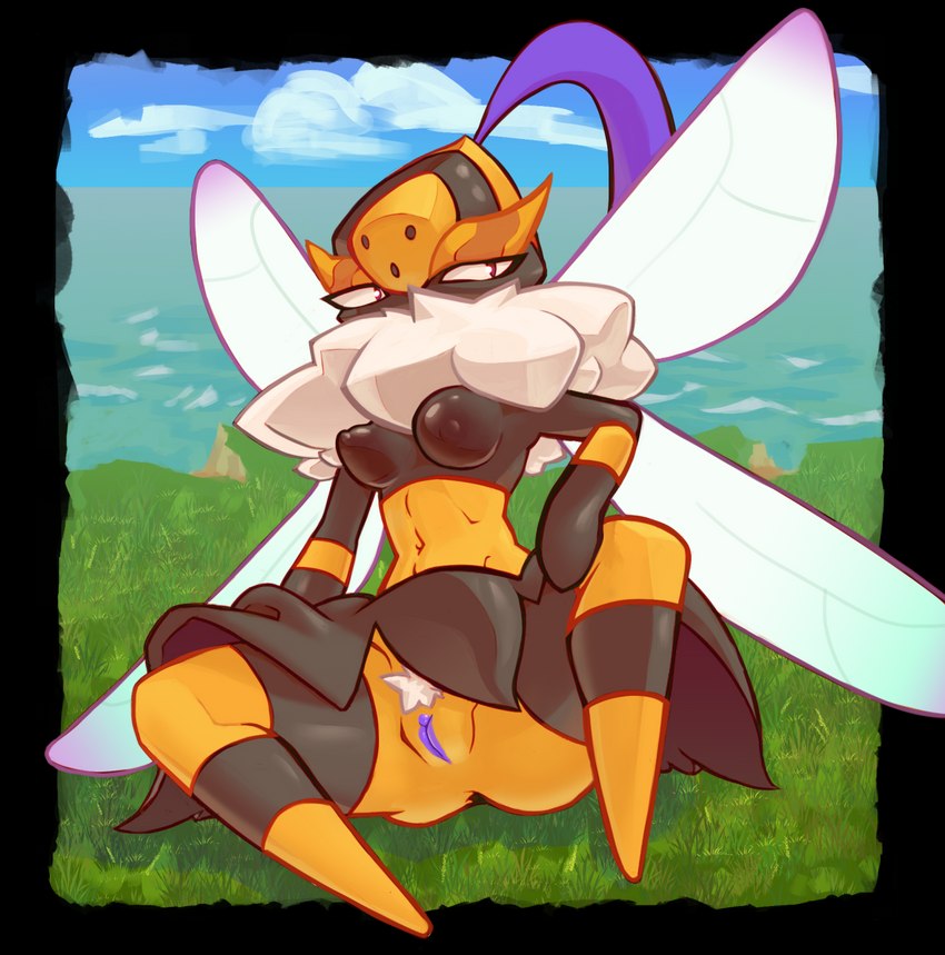 4_wings anthro bent_legs blue_sky border breasts brown_body brown_exoskeleton clothed clothing cloud detailed_background dewlap_(anatomy) exoskeleton eyelashes featureless_feet featureless_hands feet female female_anthro front_view genitals grass hair humanoid_genitalia humanoid_pussy insect_wings long_hair long_ponytail mane medium_breasts multi_wing nature nature_background navel nipples non-mammal_breasts non-mammal_navel non-mammal_nipples outside plant ponytail pubes purple_hair purple_pussy pussy sitting sky solo spread_legs spreading striped_body striped_exoskeleton striped_legs stripes thick_thighs topless topless_anthro topless_female transparent_border upskirt white_mane white_pubes wings yellow_body yellow_exoskeleton cornofthebreads palworld pocketpair arthropod bee beegarde hymenopteran insect pal_(species) 2024 alpha_channel colored digital_drawing_(artwork) digital_media_(artwork) full-length_portrait hi_res portrait