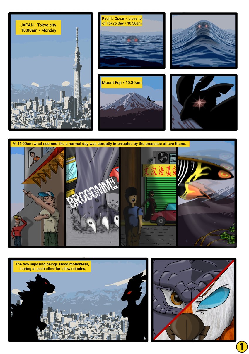 building car city civilian destroy destruction duo female japan landmark male male/female mount_fuji panorama sea silhouette street text titans tokyo tokyo_skytree town vehicle water juanonyx godzilla_(series) monsterverse mothra_(series) palmer toho fuji godzilla mothra kaiju comic english_text hi_res