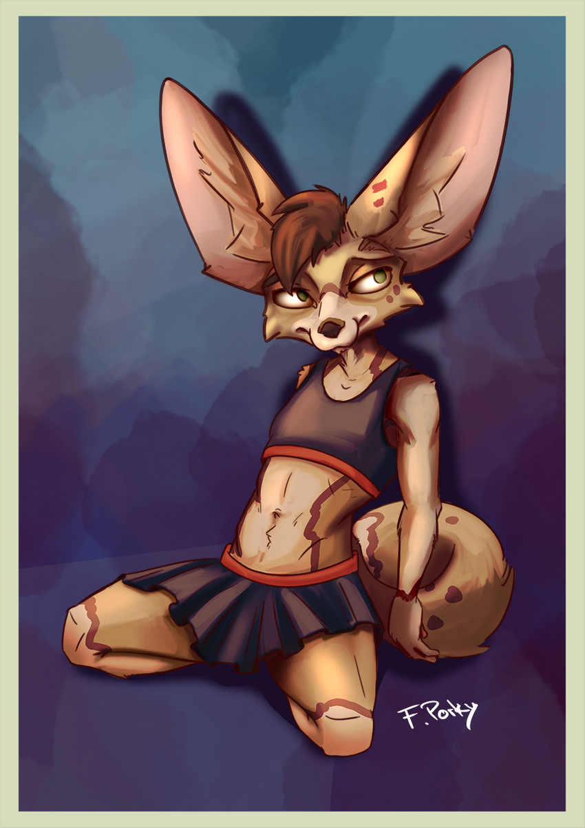 anthro bottomwear chap_hoodfox clothed clothing crossdressing femboy male skirt solo furryporky canid canine fennec_fox fox mammal true_fox hi_res