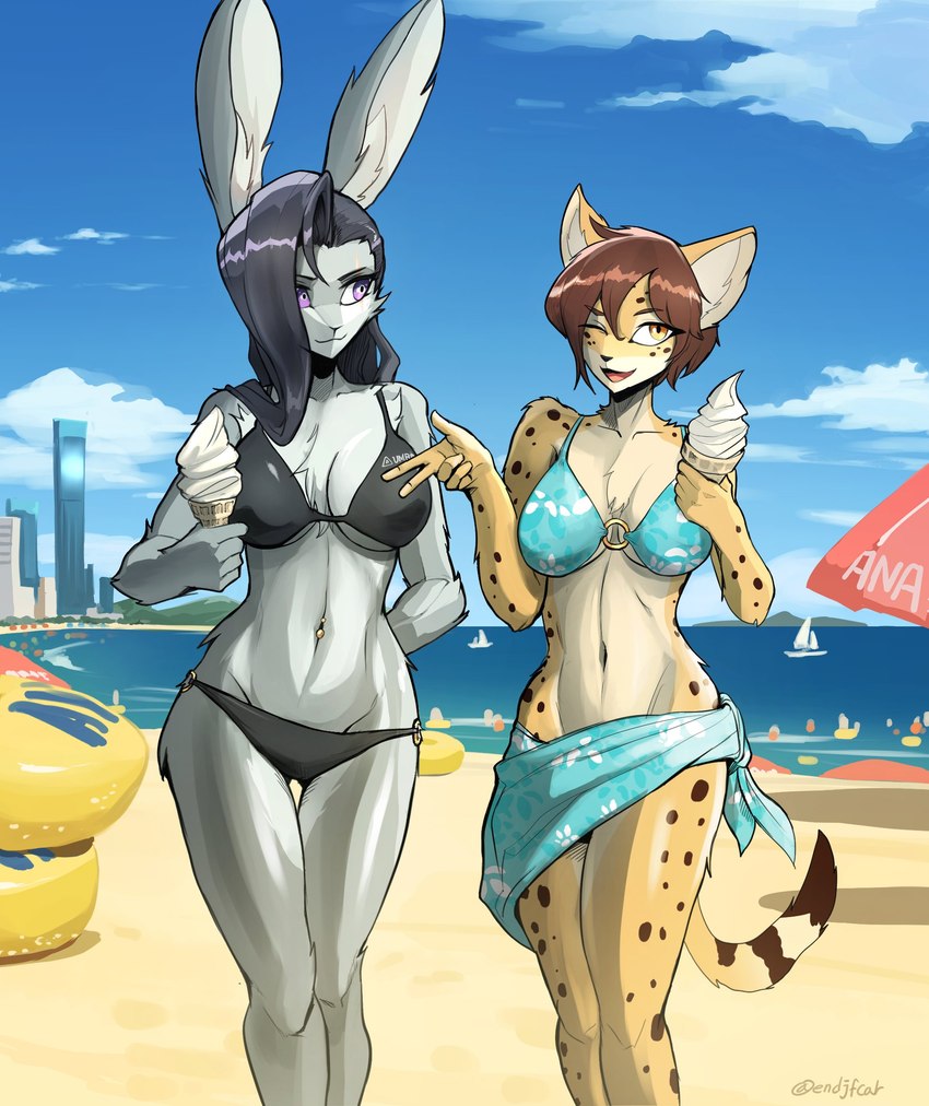 anthro arm_tuft beach beach_umbrella big_breasts bikini black_bikini black_clothing black_hair black_swimwear blue_bikini blue_clothing blue_swimwear breasts brown_hair chest_tuft city clothing collarbone dessert duo elbow_tuft eyebrows eyelashes female food fur grey_body grey_fur hair hand_behind_back ice_cream inner_ear_fluff markings navel navel_piercing one_eye_closed outside parasol pattern_bikini pattern_clothing pattern_swimwear piercing purple_eyes sarong short_hair shoulder_tuft spots spotted_body spotted_fur swimwear tan_body tan_fur thigh_gap tuft two-piece_swimsuit white_body white_fur wink yellow_body yellow_eyes yellow_fur endjfcar claire_(427deer) rachel_(endjfcar) felid lagomorph leopard leporid mammal pantherine rabbit 2024 absurd_res hi_res