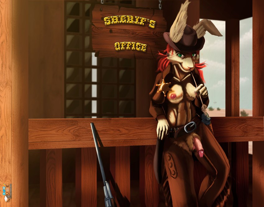 anthro breasts brown_body brown_fur cabin clothing cowboy_hat cowboy_outfit desert floppy_ears fur genitals green_eyes gun hair handgun hat headgear headwear ineffective_clothing intersex looking_at_viewer nipples penis ponytail pussy ranged_weapon reclining red_hair revolver revolving_rifle rifle sheriff sheriff_badge solo text weapon drqube lagomorph leporid mammal rabbit absurd_res hi_res