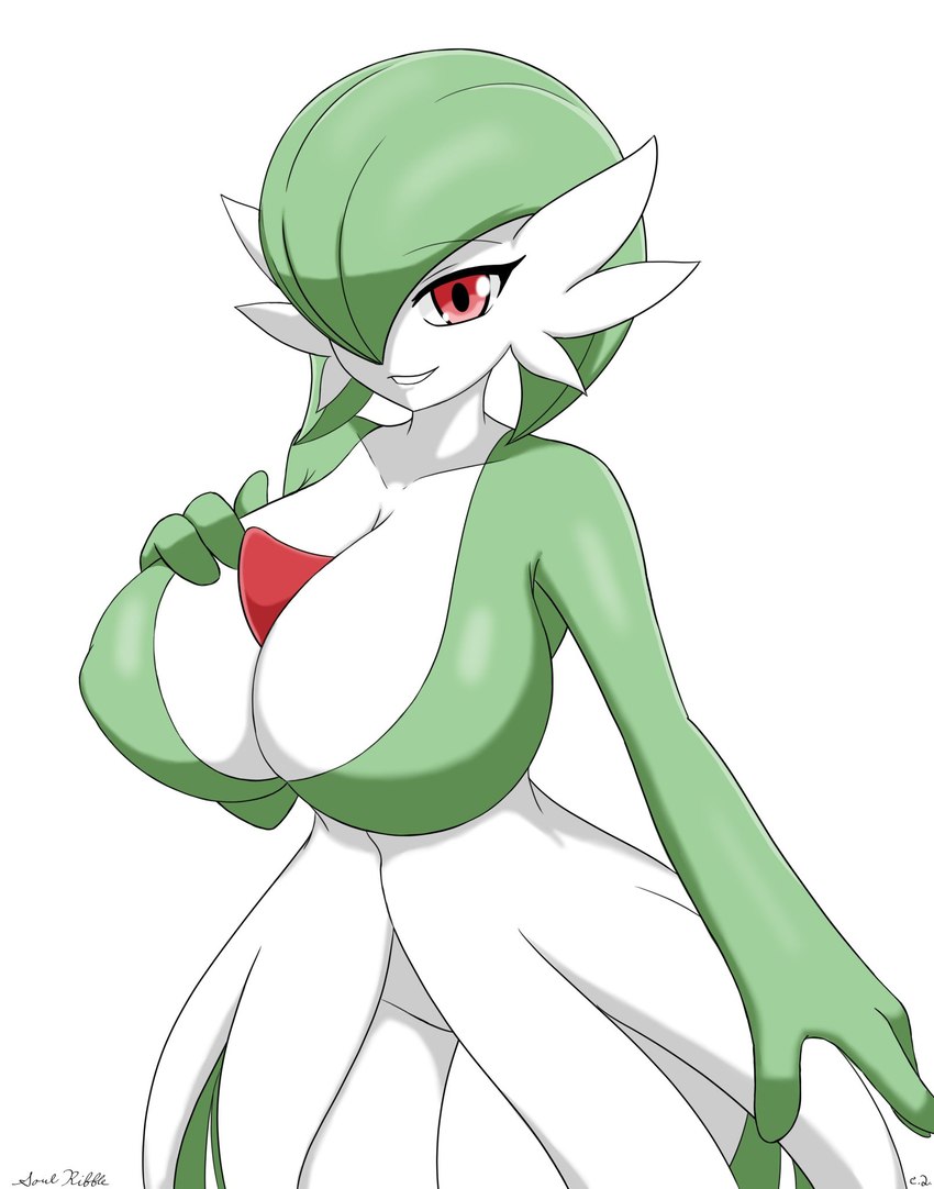 big_breasts breasts female green_body green_hair grin hair hair_over_eye looking_at_viewer not_furry one_eye_obstructed red_eyes simple_background smile solo standing thick_thighs white_background white_body wide_hips soulkibble nintendo pokemon gardevoir generation_3_pokemon humanoid pokemon_(species) hi_res