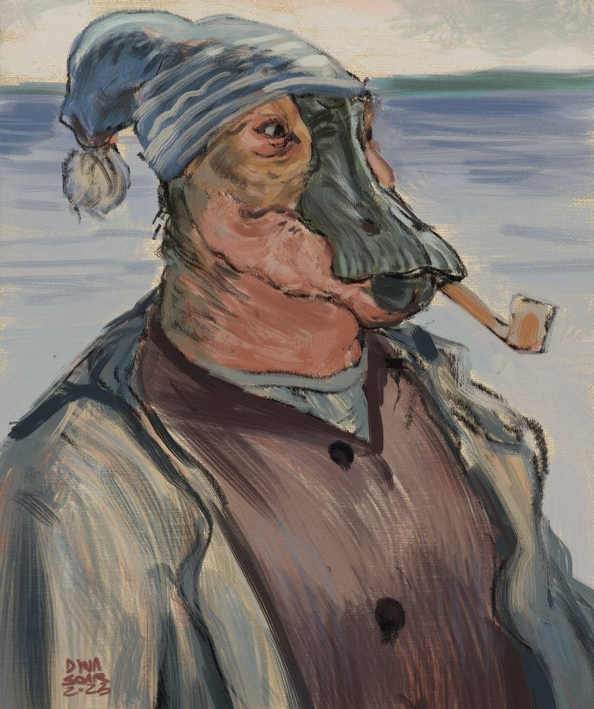 anthro beak black_beak brown_body brown_skin button_(fastener) canvas_texture clothed clothing elderly elderly_male expressionism fisherman grey_clothing grey_jacket grey_markings grey_sky grey_topwear hat headgear headwear impressionism impressionist_background jacket male markings object_in_mouth open_clothing open_jacket open_topwear outside pipe sailor sea seascape sky solo tobacco_pipe topwear water white_undershirt dyna_soar dinosaur hadrosaurid ornithischian ornithopod parasaurolophus prehistoric_species reptile scalie saurian_(disambiguation) 2023 digital_media_(artwork) digital_painting_(artwork) hi_res portrait signature sketch three-quarter_portrait