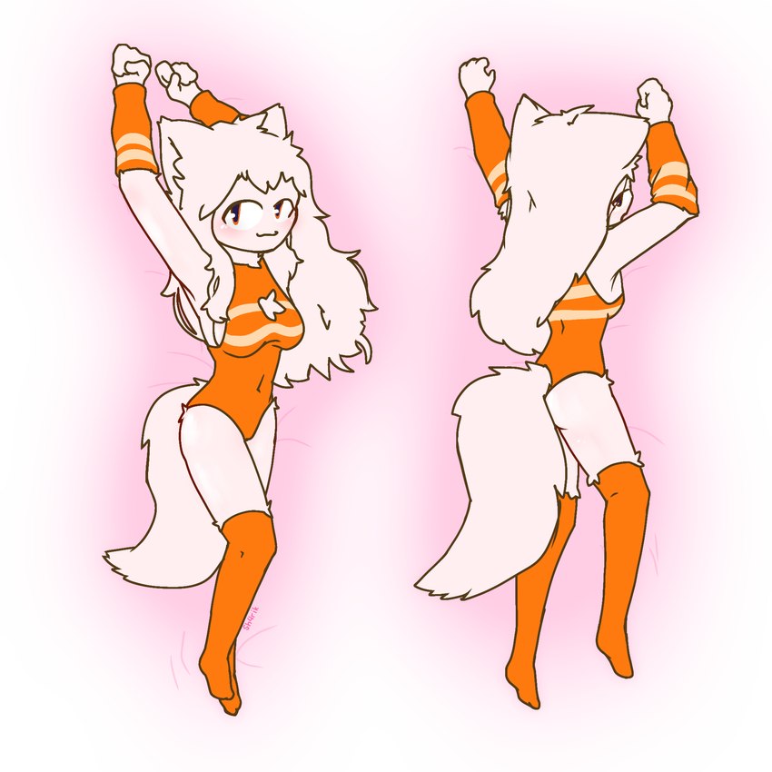 armband bodysuit clothing cone dakimakura female fluffy fluffy_tail footwear hair lying on_front orange_bodysuit orange_clothing orange_footwear orange_skinsuit orange_socks skinsuit socks solo tail tight_clothing white_body white_hair sh4rik felid feline mammal 1:1 dakimakura_design hi_res