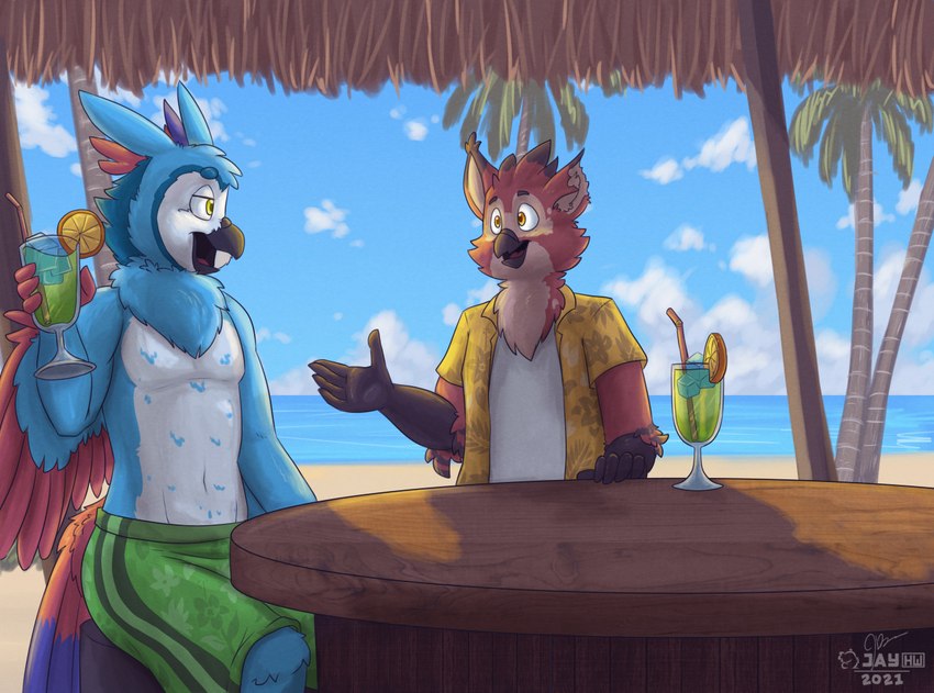 5_fingers alcohol aloha_shirt anthro arm_tuft backlighting bar beach beak beverage black_beak blue_body blue_eyebrows blue_feathers blue_sky brown_eyebrows cheek_tuft chest_tuft clothed clothing cocktail countershade_face countershade_torso countershading detailed_background dipstick_feathers dipstick_tail drinking_straw duo ear_tuft elbow_tuft eye_contact eyebrows facial_tuft feathers fingers furniture green_clothing green_eyes green_swimming_trunks green_swimwear half-closed_eyes hand_on_table head_tuft holding_beverage holding_object ice_cube knee_tuft leg_tuft lemon_slice light logo looking_at_another male markings narrowed_eyes navel notched_ear one_eye_obstructed open_beak open_clothing open_mouth open_shirt open_topwear palm_tree pattern_clothing pattern_shirt pattern_topwear pink_tongue plant purple_body purple_feathers red_body red_feathers round_table seaside shadow shirt sitting sky stool swimming_trunks swimwear swimwear_only t-shirt table tail tail_feathers tail_markings tail_tuft tiki tiki_bar tongue topless topwear tree tuft white_body white_clothing white_clouds white_feathers white_shirt white_t-shirt white_topwear winged_arms wings yellow_clothing yellow_eyes yellow_shirt yellow_topwear sammfeatblueheart zooty_(zooty6) avian bird canid canine fox hybrid mammal 2021 artist_logo lighting shaded signature